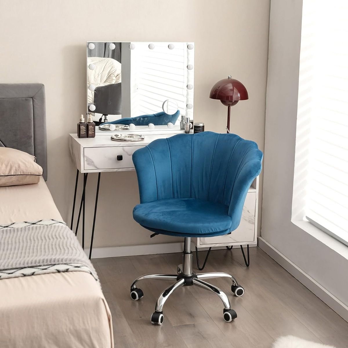 Adjustable Velvet Office Chair with Handle and Universal Wheels Blue